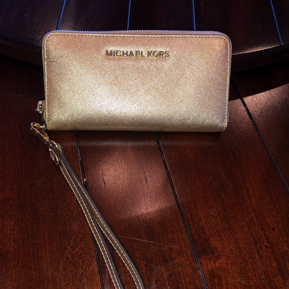 Michael Kors Gold Leather Wristlet Wallet